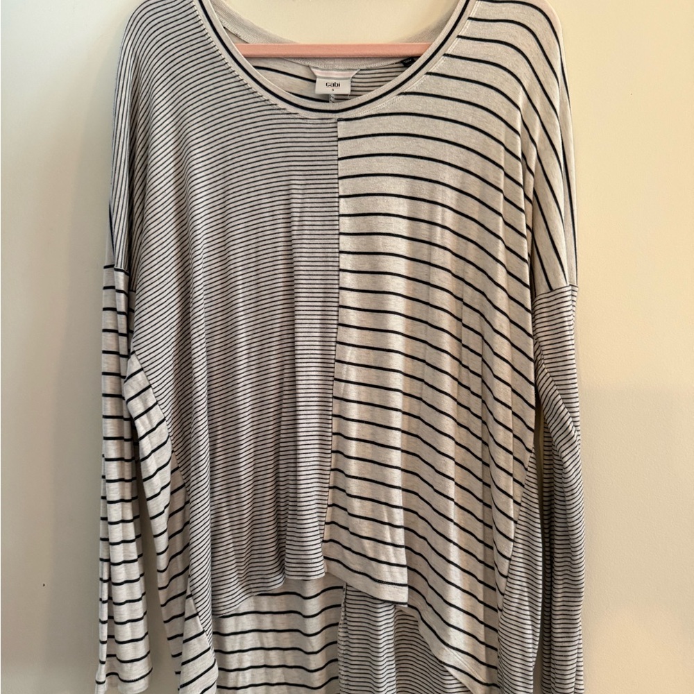 CAbi Black & White Striped Long Sleeve Patchwork Top